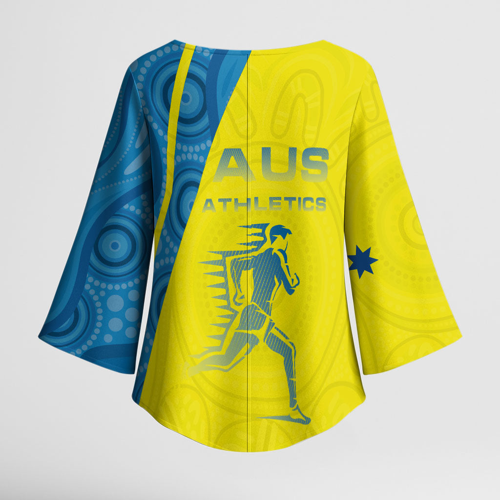Australian Athletics Kimono Sleeve Blouse Modern Indigenous Circle Pattern Sport Art