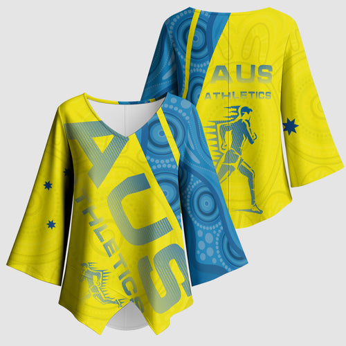 Australian Athletics Kimono Sleeve Blouse Modern Indigenous Circle Pattern Sport Art
