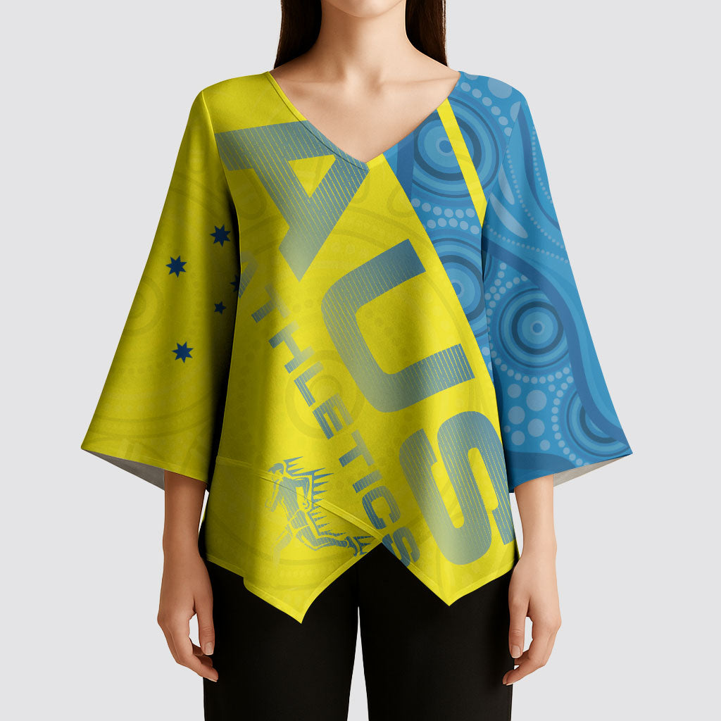 Australian Athletics Kimono Sleeve Blouse Modern Indigenous Circle Pattern Sport Art