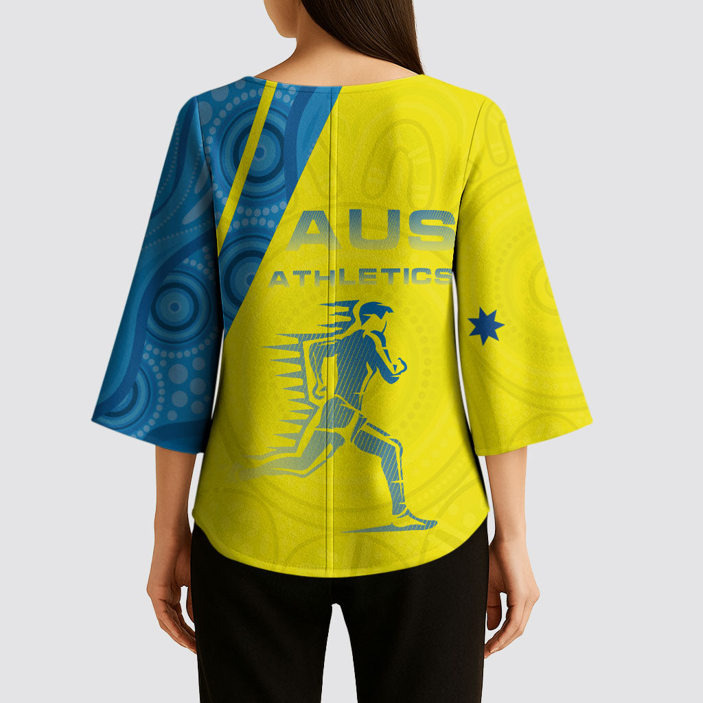 Australian Athletics Kimono Sleeve Blouse Modern Indigenous Circle Pattern Sport Art