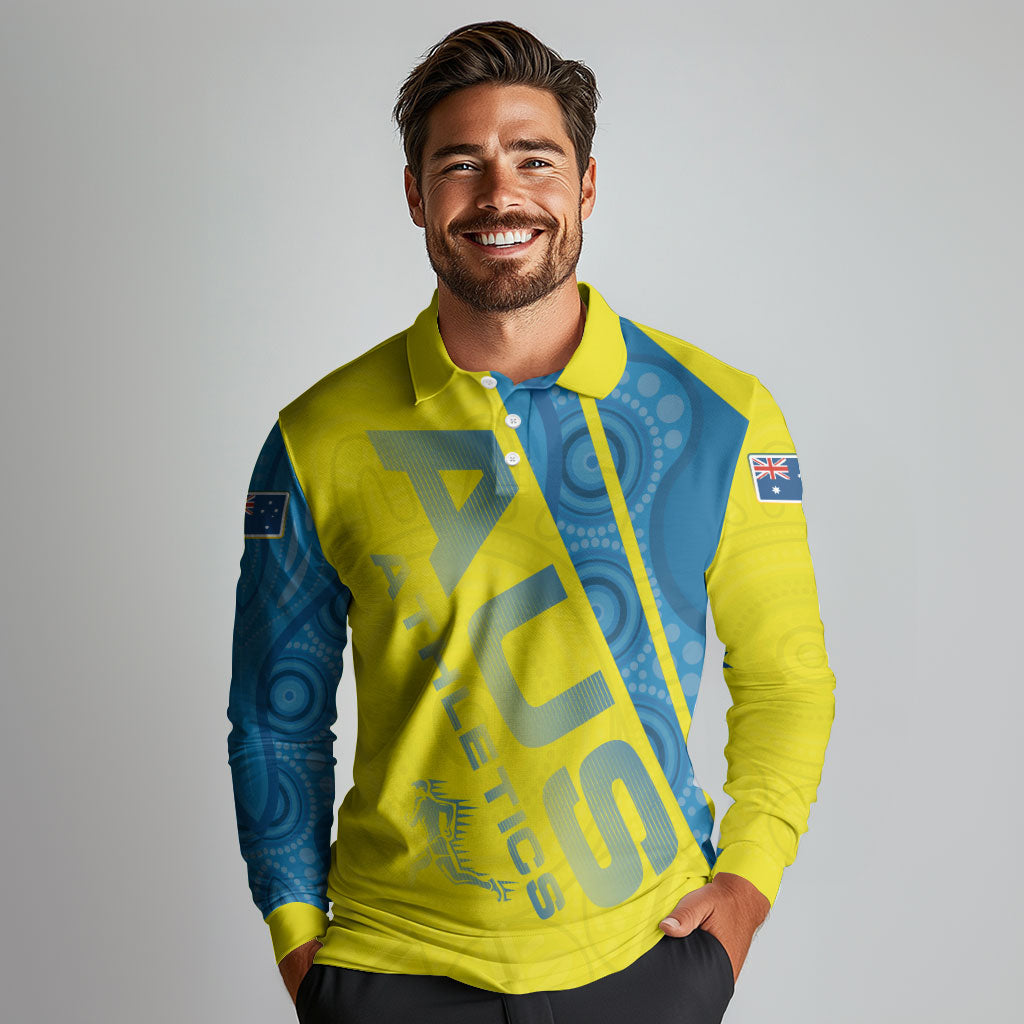 Australian Athletics Long Sleeve Polo Shirt Modern Indigenous Circle Pattern Sport Art