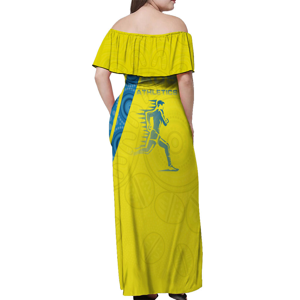 Australian Athletics Off Shoulder Maxi Dress Modern Indigenous Circle Pattern Sport Art