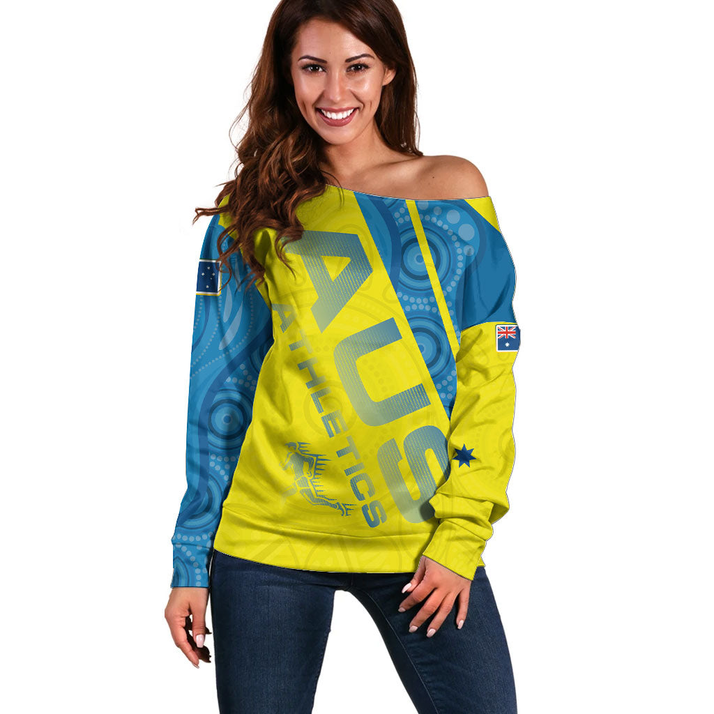 Australian Athletics Off Shoulder Sweater Modern Indigenous Circle Pattern Sport Art