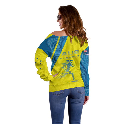 Australian Athletics Off Shoulder Sweater Modern Indigenous Circle Pattern Sport Art