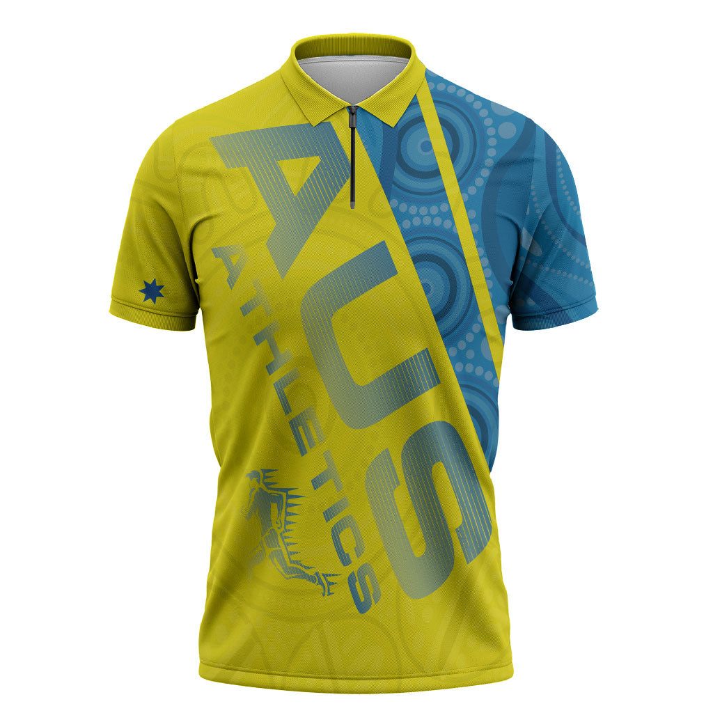 Australian Athletics Zipper Polo Shirt Modern Indigenous Circle Pattern Sport Art