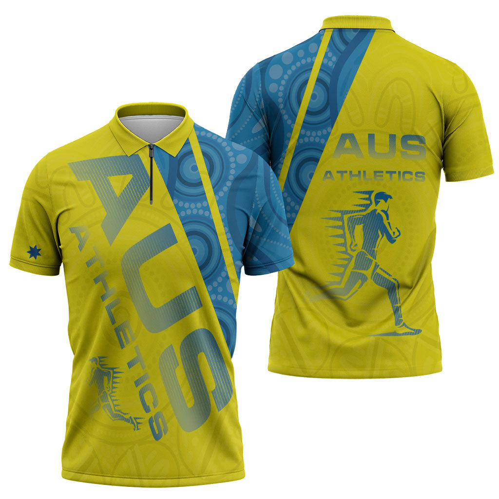Australian Athletics Zipper Polo Shirt Modern Indigenous Circle Pattern Sport Art