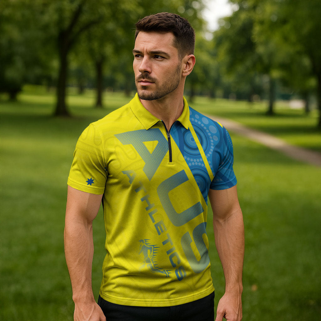 Australian Athletics Zipper Polo Shirt Modern Indigenous Circle Pattern Sport Art