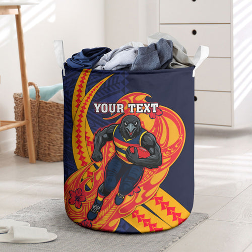 Personalized Adelaide Crows Laundry Basket Polynesian Tribal Crow Mascot With Hibiscus Floral Art
