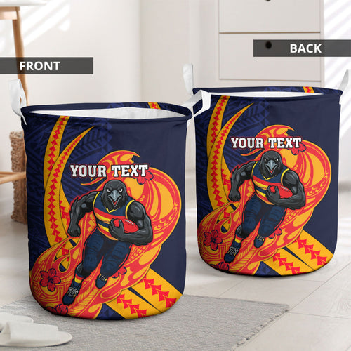 Personalized Adelaide Crows Laundry Basket Polynesian Tribal Crow Mascot With Hibiscus Floral Art
