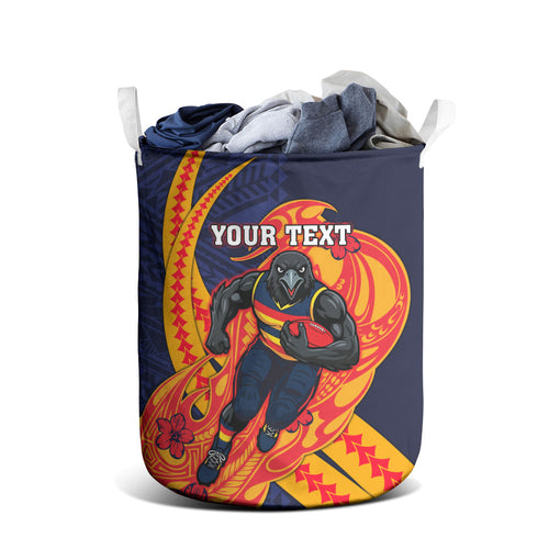 Personalized Adelaide Crows Laundry Basket Polynesian Tribal Crow Mascot With Hibiscus Floral Art