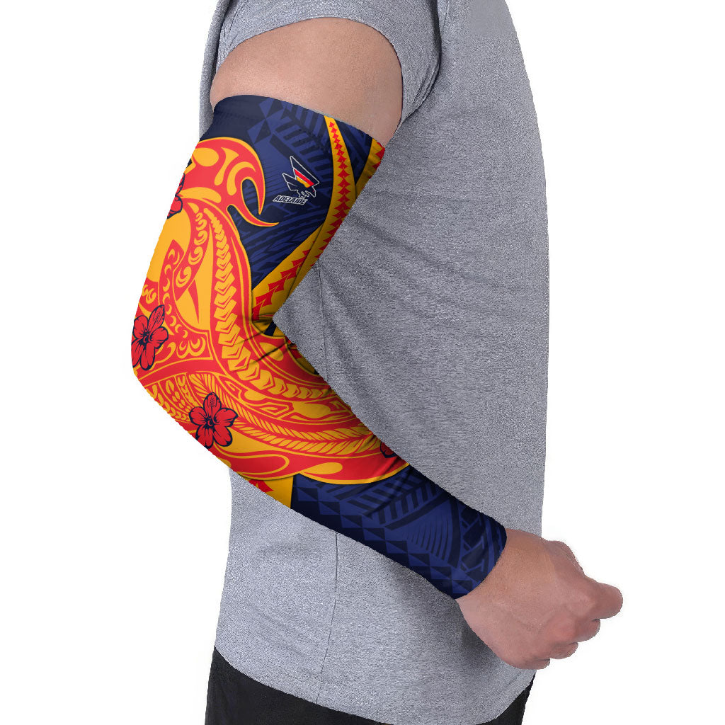 Personalized Adelaide Crows Arm Sleeves Polynesian Tribal Crow Mascot With Hibiscus Floral Art