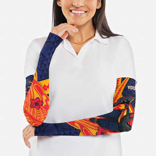 Personalized Adelaide Crows Arm Sleeves Polynesian Tribal Crow Mascot With Hibiscus Floral Art