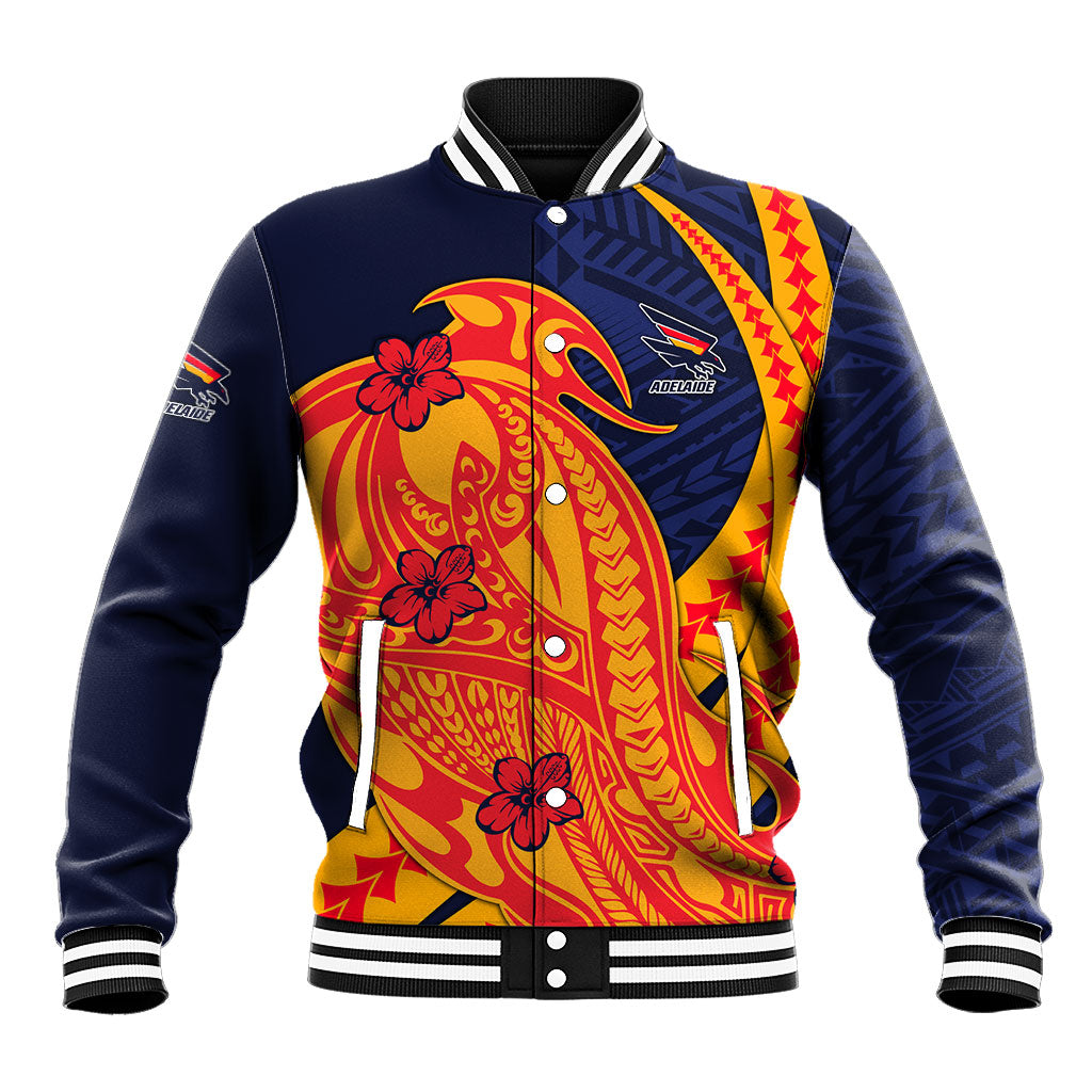 Personalized Adelaide Crows Baseball Jacket Polynesian Tribal Crow Mascot With Hibiscus Floral Art