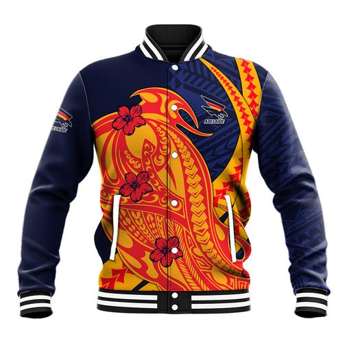 Personalized Adelaide Crows Baseball Jacket Polynesian Tribal Crow Mascot With Hibiscus Floral Art