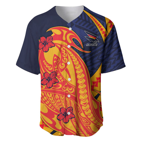 Personalized Adelaide Crows Baseball Jersey Polynesian Tribal Crow Mascot With Hibiscus Floral Art