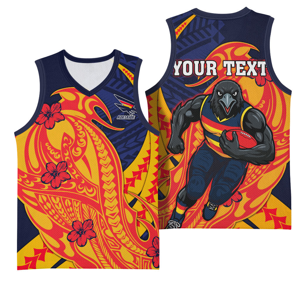 Personalized Adelaide Crows Basketball Jersey Polynesian Tribal Crow Mascot With Hibiscus Floral Art