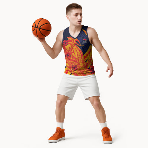 Personalized Adelaide Crows Basketball Jersey Polynesian Tribal Crow Mascot With Hibiscus Floral Art