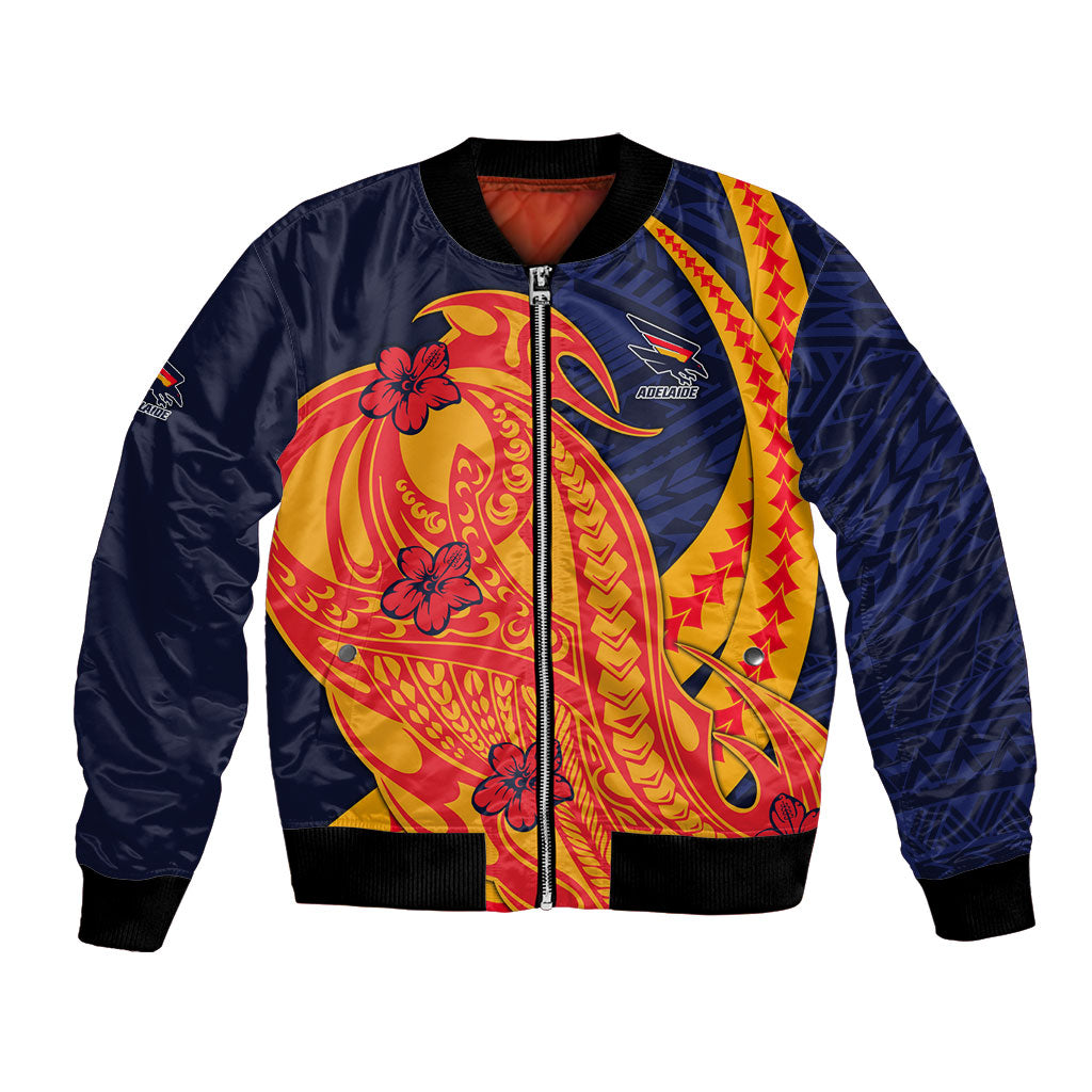Personalized Adelaide Crows Bomber Jacket Polynesian Tribal Crow Mascot With Hibiscus Floral Art
