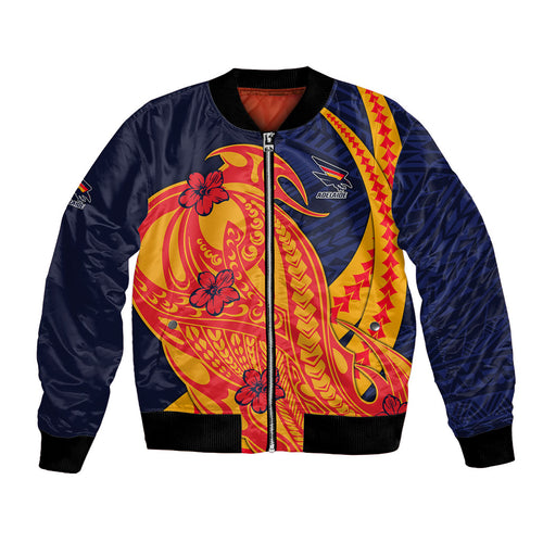 Personalized Adelaide Crows Bomber Jacket Polynesian Tribal Crow Mascot With Hibiscus Floral Art
