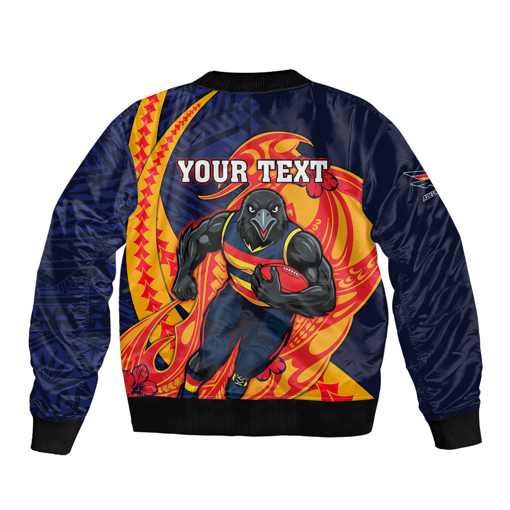 Personalized Adelaide Crows Bomber Jacket Polynesian Tribal Crow Mascot With Hibiscus Floral Art