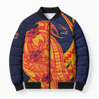 Personalized Adelaide Crows Bomber Puffer Jacket Polynesian Tribal Crow Mascot With Hibiscus Floral Art