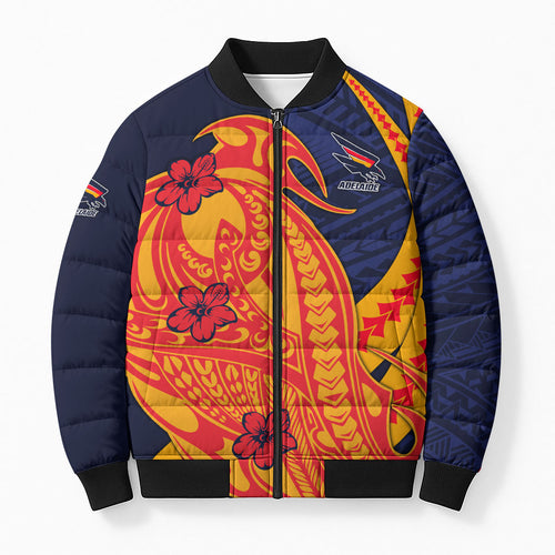 Personalized Adelaide Crows Bomber Puffer Jacket Polynesian Tribal Crow Mascot With Hibiscus Floral Art