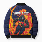 Personalized Adelaide Crows Bomber Puffer Jacket Polynesian Tribal Crow Mascot With Hibiscus Floral Art