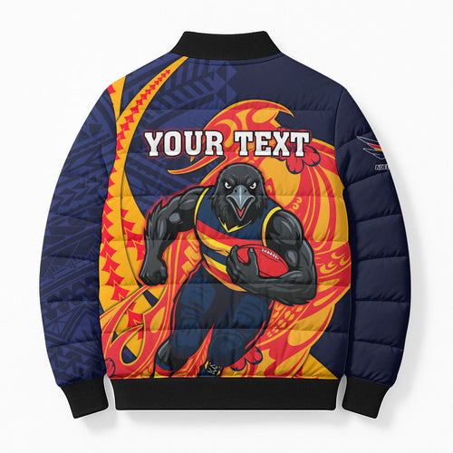 Personalized Adelaide Crows Bomber Puffer Jacket Polynesian Tribal Crow Mascot With Hibiscus Floral Art