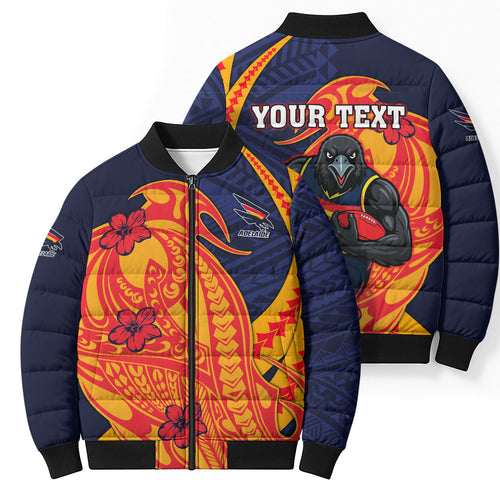Personalized Adelaide Crows Bomber Puffer Jacket Polynesian Tribal Crow Mascot With Hibiscus Floral Art