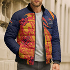 Personalized Adelaide Crows Bomber Puffer Jacket Polynesian Tribal Crow Mascot With Hibiscus Floral Art