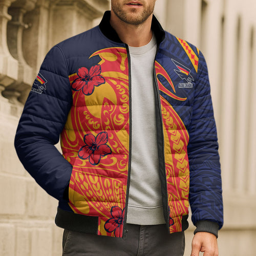 Personalized Adelaide Crows Bomber Puffer Jacket Polynesian Tribal Crow Mascot With Hibiscus Floral Art