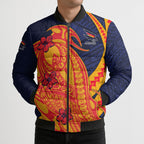 Personalized Adelaide Crows Bomber Puffer Jacket Polynesian Tribal Crow Mascot With Hibiscus Floral Art
