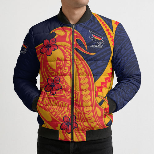 Personalized Adelaide Crows Bomber Puffer Jacket Polynesian Tribal Crow Mascot With Hibiscus Floral Art