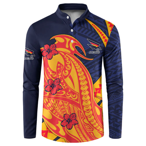 Personalized Adelaide Crows Button Sweatshirt Polynesian Tribal Crow Mascot With Hibiscus Floral Art