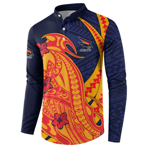 Personalized Adelaide Crows Button Sweatshirt Polynesian Tribal Crow Mascot With Hibiscus Floral Art