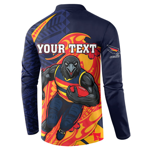 Personalized Adelaide Crows Button Sweatshirt Polynesian Tribal Crow Mascot With Hibiscus Floral Art