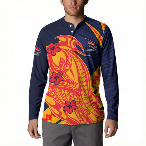 Personalized Adelaide Crows Button Sweatshirt Polynesian Tribal Crow Mascot With Hibiscus Floral Art
