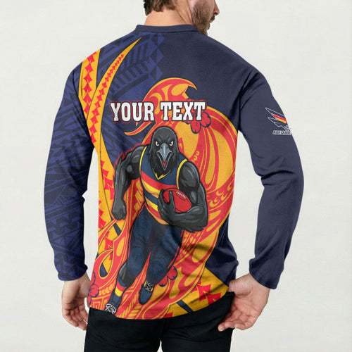 Personalized Adelaide Crows Button Sweatshirt Polynesian Tribal Crow Mascot With Hibiscus Floral Art