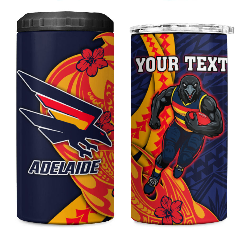 Personalized Adelaide Crows 4 in 1 Can Cooler Tumbler Polynesian Tribal Crow Mascot With Hibiscus Floral Art