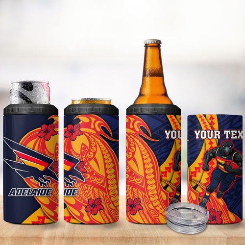 Personalized Adelaide Crows 4 in 1 Can Cooler Tumbler Polynesian Tribal Crow Mascot With Hibiscus Floral Art