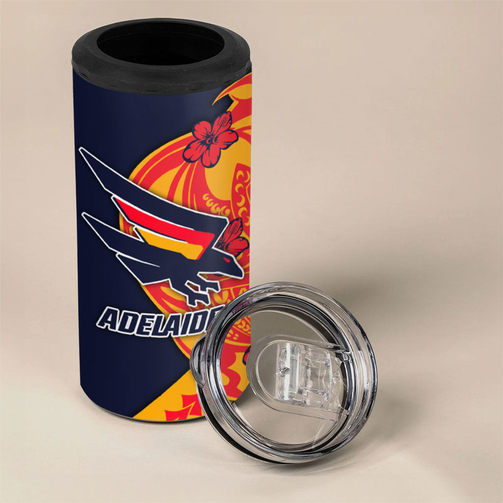 Personalized Adelaide Crows 4 in 1 Can Cooler Tumbler Polynesian Tribal Crow Mascot With Hibiscus Floral Art