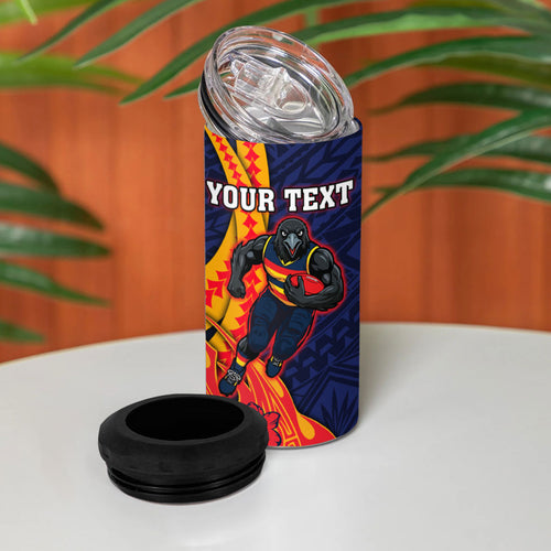 Personalized Adelaide Crows 4 in 1 Can Cooler Tumbler Polynesian Tribal Crow Mascot With Hibiscus Floral Art