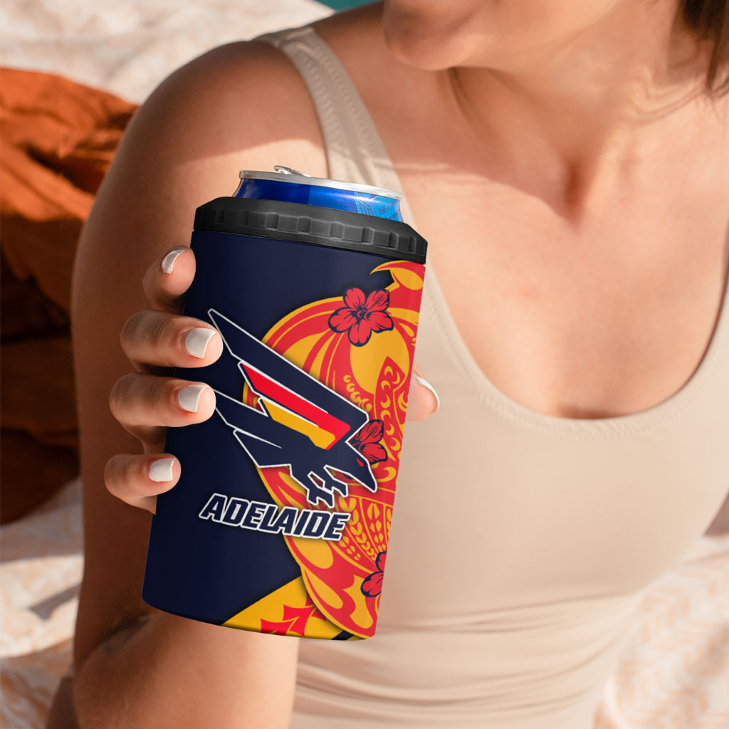Personalized Adelaide Crows 4 in 1 Can Cooler Tumbler Polynesian Tribal Crow Mascot With Hibiscus Floral Art