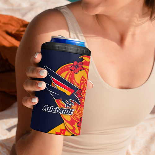 Personalized Adelaide Crows 4 in 1 Can Cooler Tumbler Polynesian Tribal Crow Mascot With Hibiscus Floral Art