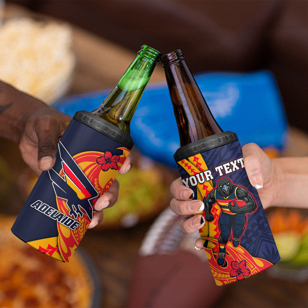 Personalized Adelaide Crows 4 in 1 Can Cooler Tumbler Polynesian Tribal Crow Mascot With Hibiscus Floral Art