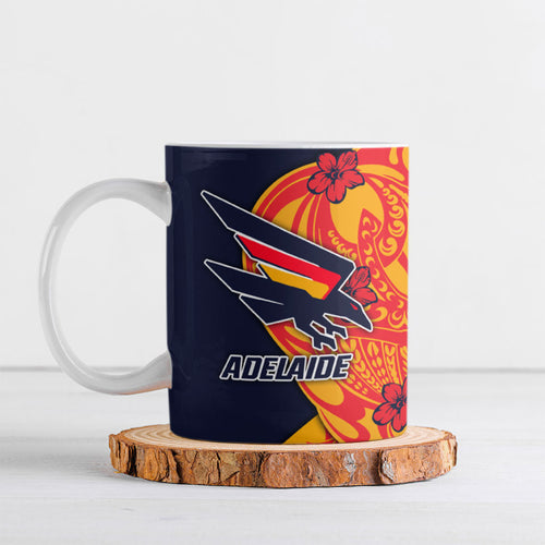 Personalized Adelaide Crows Ceramic Mug Polynesian Tribal Crow Mascot With Hibiscus Floral Art