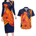 Personalized Adelaide Crows Couples Matching Long Sleeve Bodycon Dress and Hawaiian Shirt Polynesian Tribal Crow Mascot With Hibiscus Floral Art