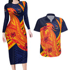 Personalized Adelaide Crows Couples Matching Long Sleeve Bodycon Dress and Hawaiian Shirt Polynesian Tribal Crow Mascot With Hibiscus Floral Art
