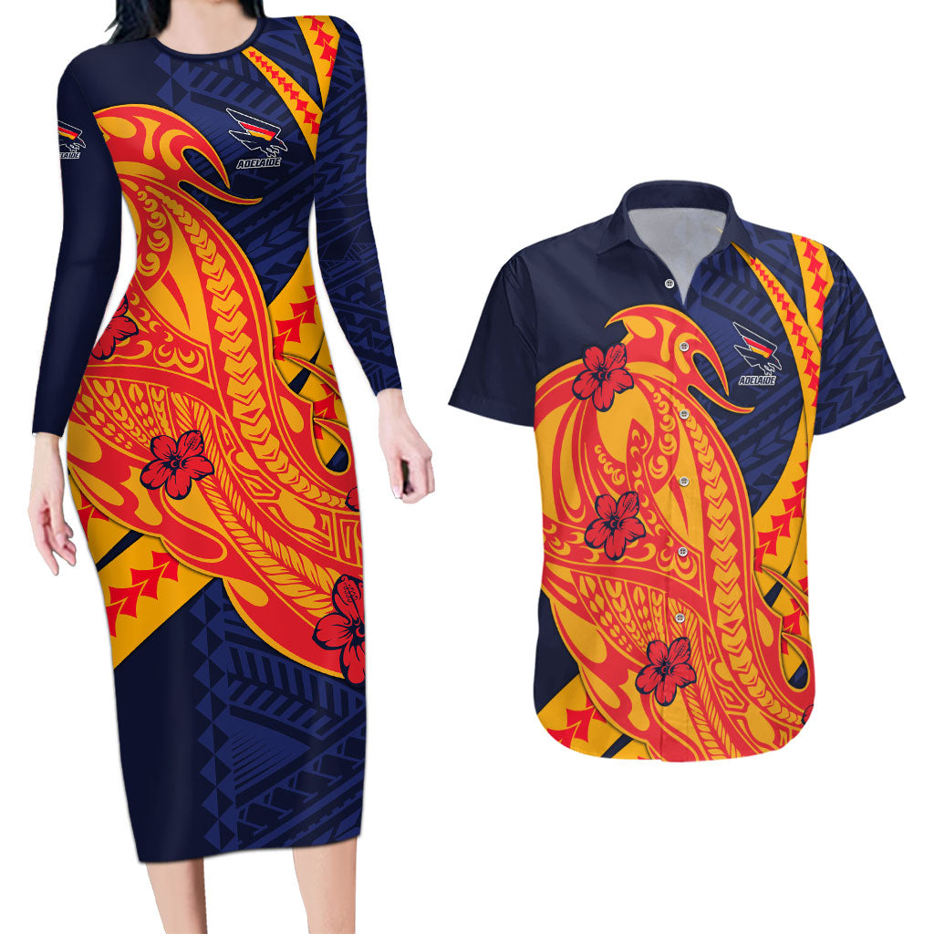 Personalized Adelaide Crows Couples Matching Long Sleeve Bodycon Dress and Hawaiian Shirt Polynesian Tribal Crow Mascot With Hibiscus Floral Art