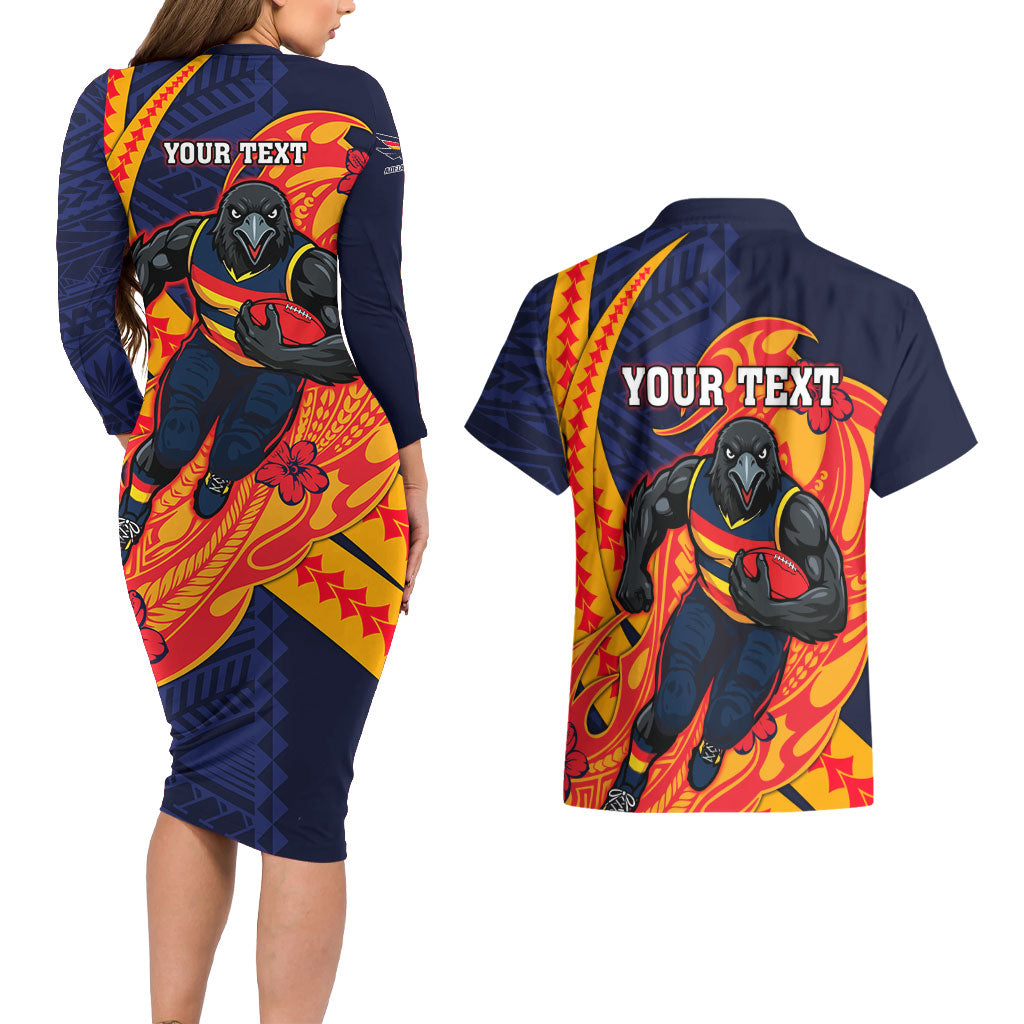 Personalized Adelaide Crows Couples Matching Long Sleeve Bodycon Dress and Hawaiian Shirt Polynesian Tribal Crow Mascot With Hibiscus Floral Art